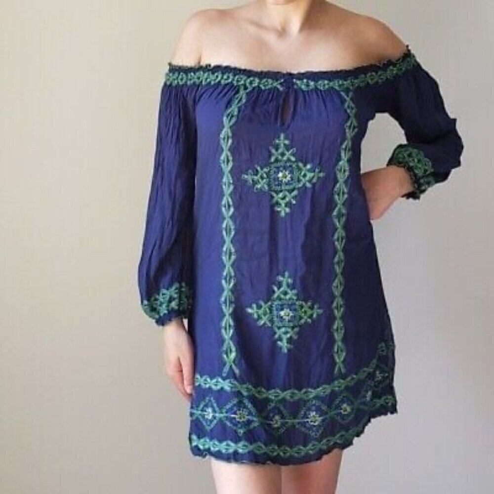 Poupette St. Barth Blue Embroidered Mini Dress off the shoulder tunic dress